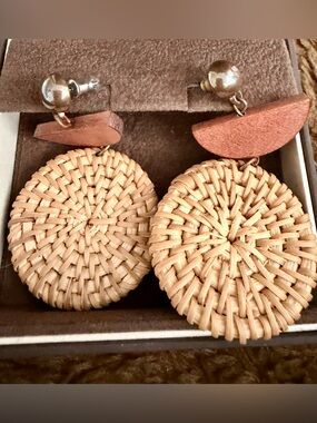 Woven Rattan Circle Drop Earrings in Natural Tan